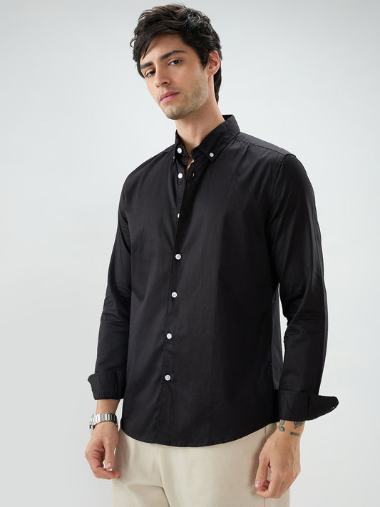 Jet Black Satin Button-Down Collar Luxe Shirt
