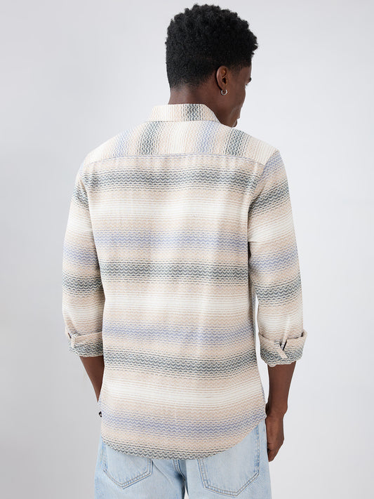 Natural Sand Beige Contrast Motif Striped Shirt