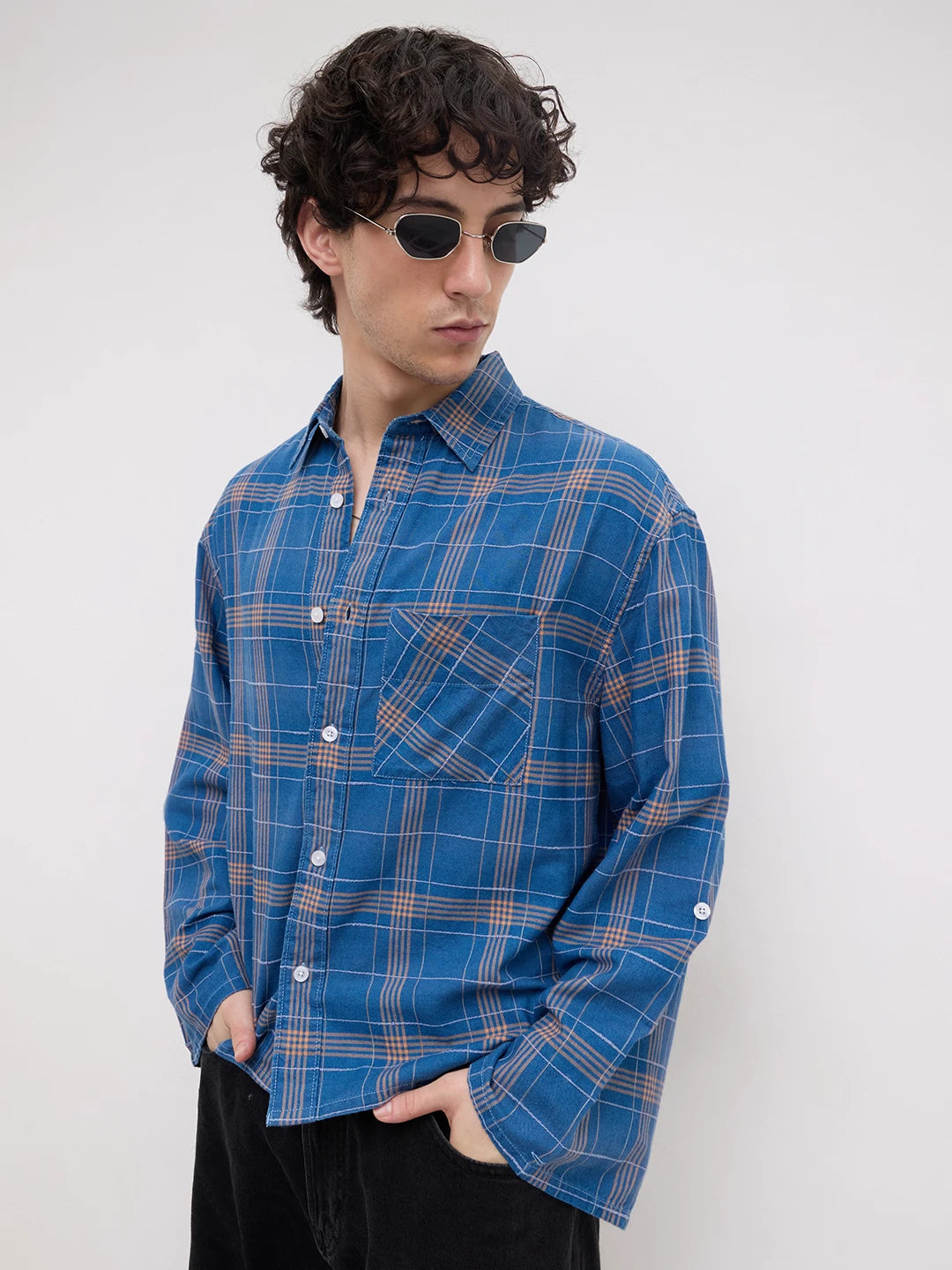 Denim Contrast Square Checks Cuffless Oversized Crop Shirt