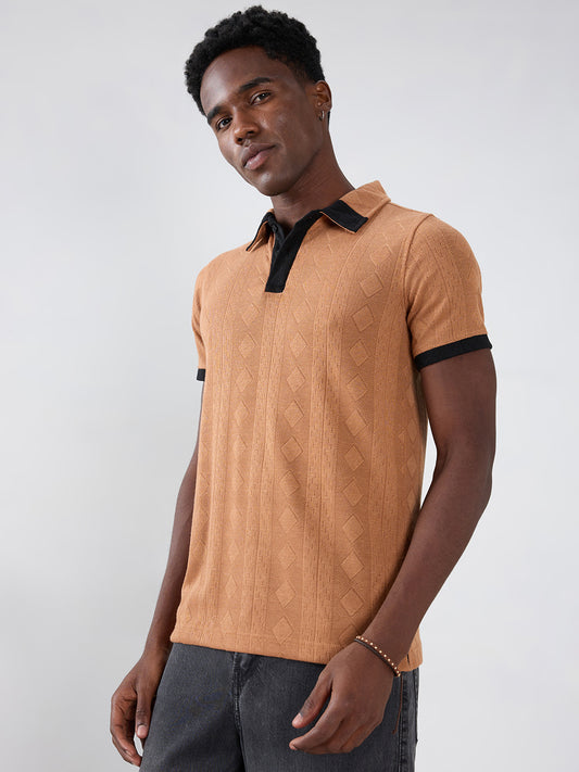 Warm Brown Diamond Weave Contrast Polo Knit T-shirt