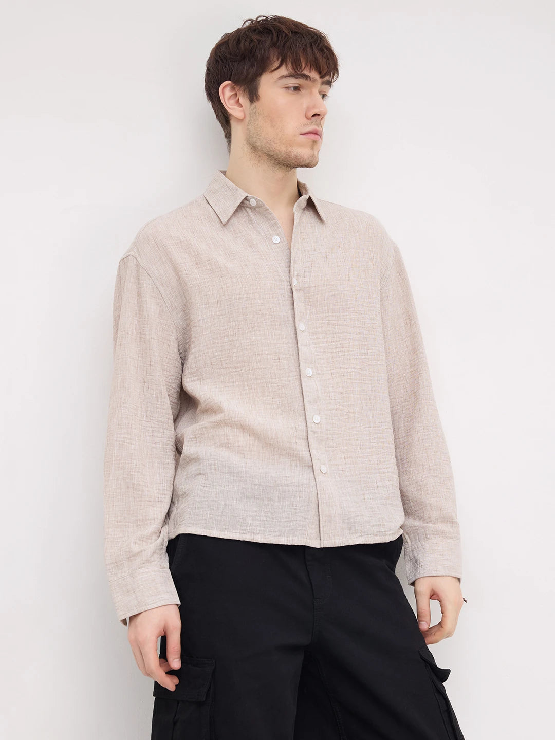 Tan Beige Fine Textured Boxy Fit Crop Shirt