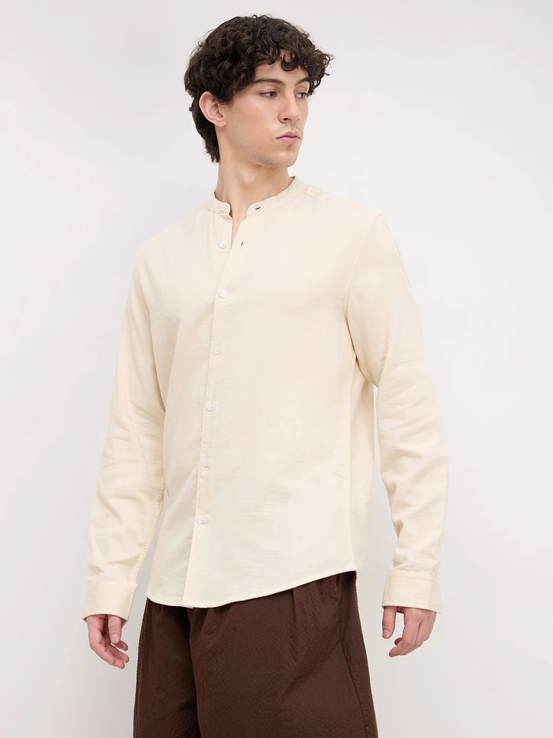 Bisque Beige Herringbone Textured Mandarin Shirt