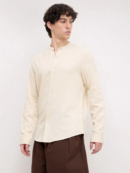 Bisque Beige Herringbone Textured Mandarin Shirt