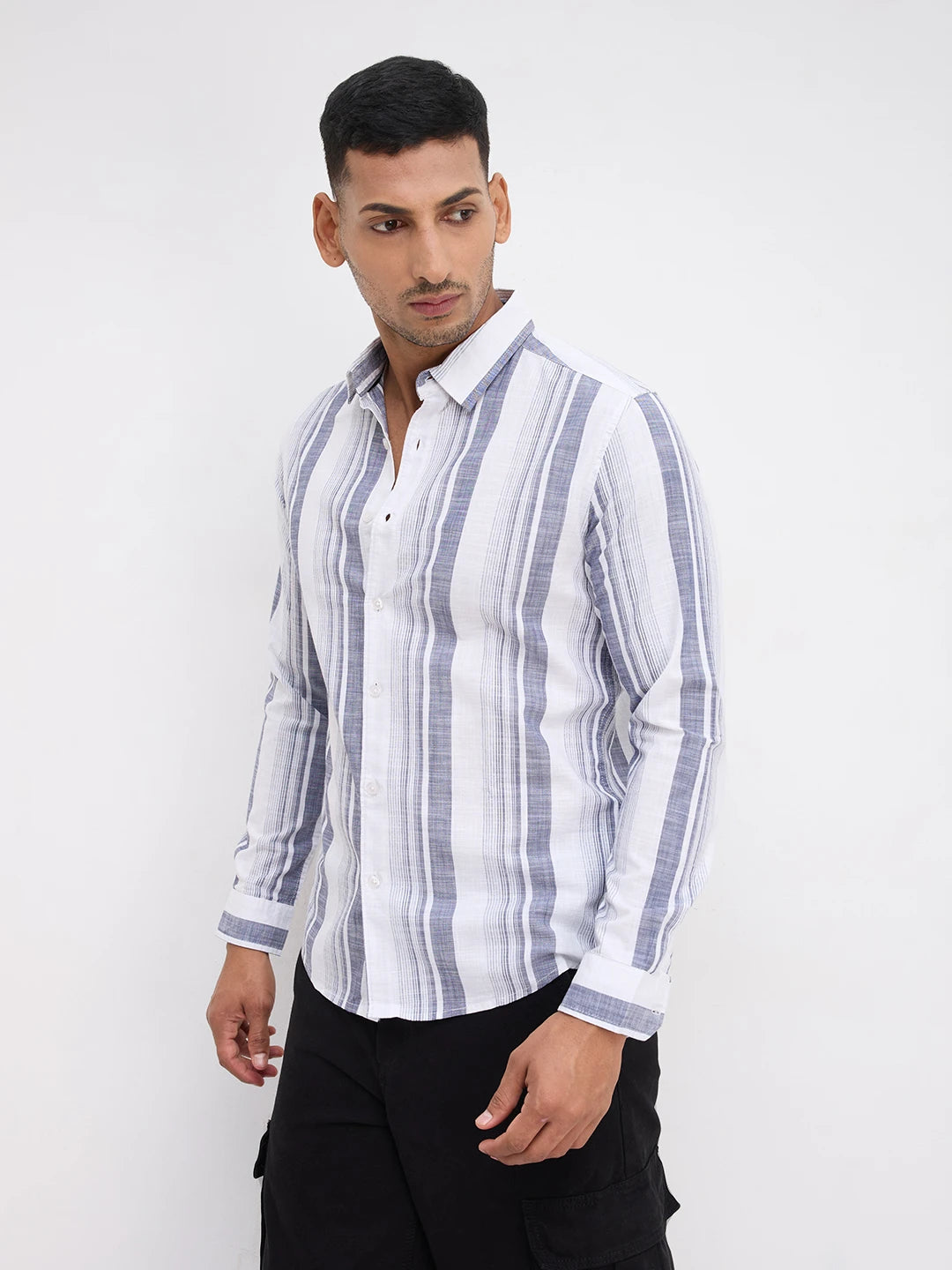 White & Navy Broad Striped Shirt