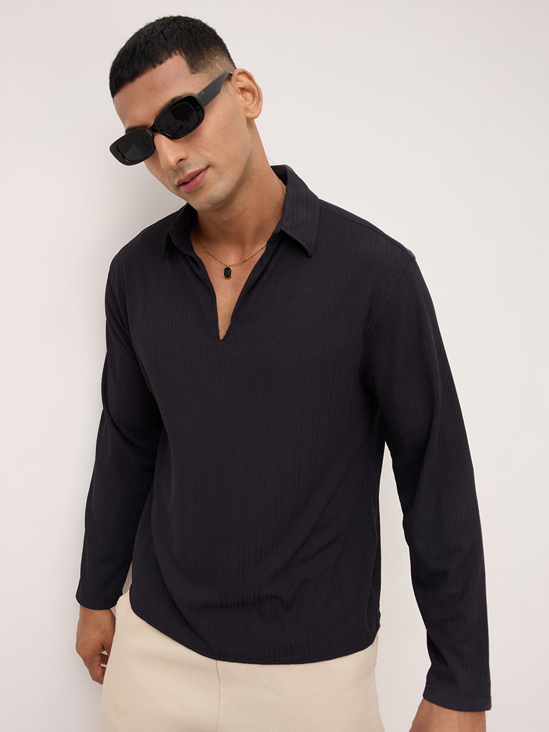 Black Linework Airknit Oversized Polo Shirt