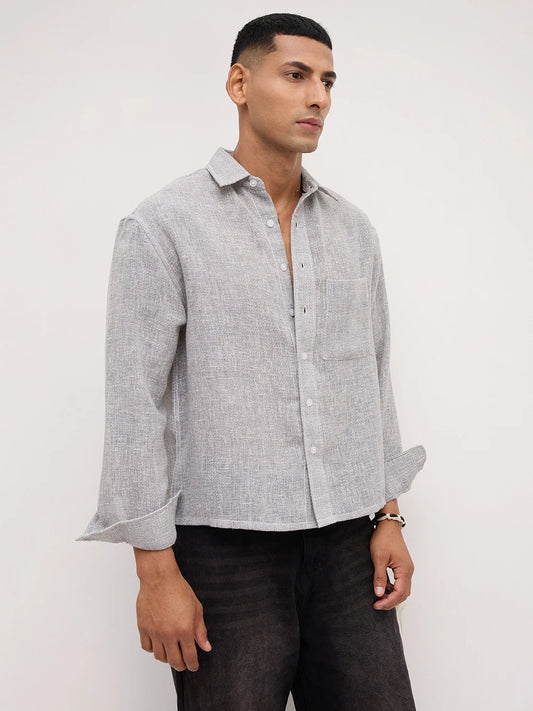Frost Grey Crosshatch Grid Textured Boxy Fit Crop Shirt