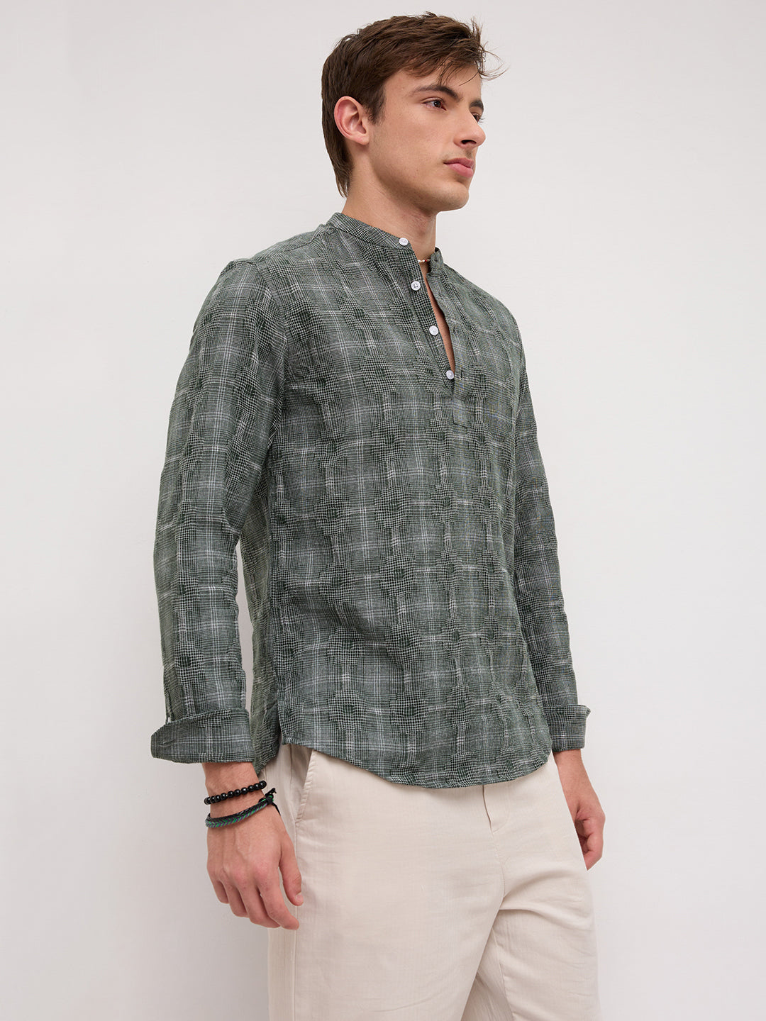 Green Glitch Micro Check Textured Matrix Everyday Kurta