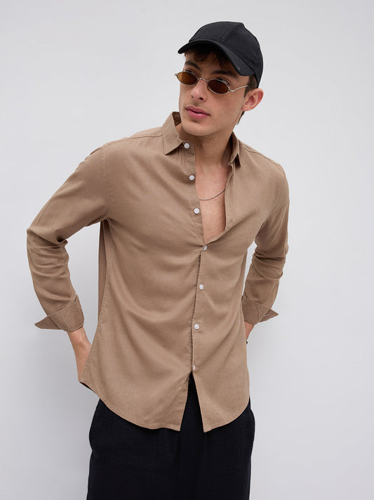 Elegant Pastel Brown Linen Blend Shirt