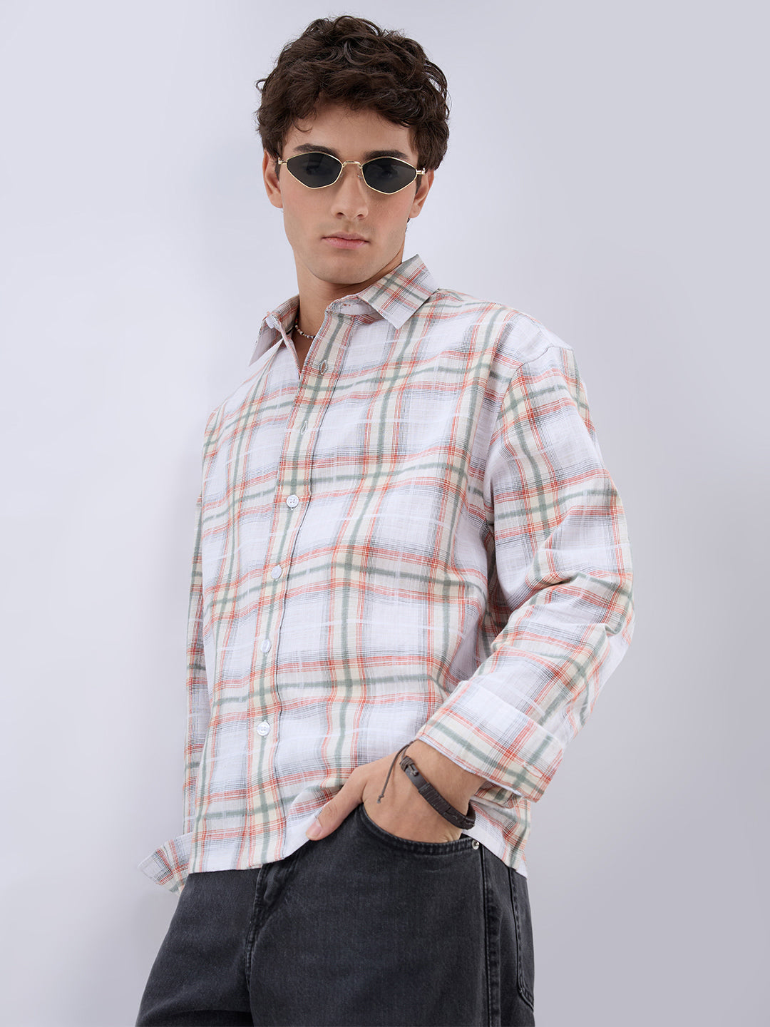 Crimson Thread Plaid Textured Checks Boxy Fit Crop Shirt