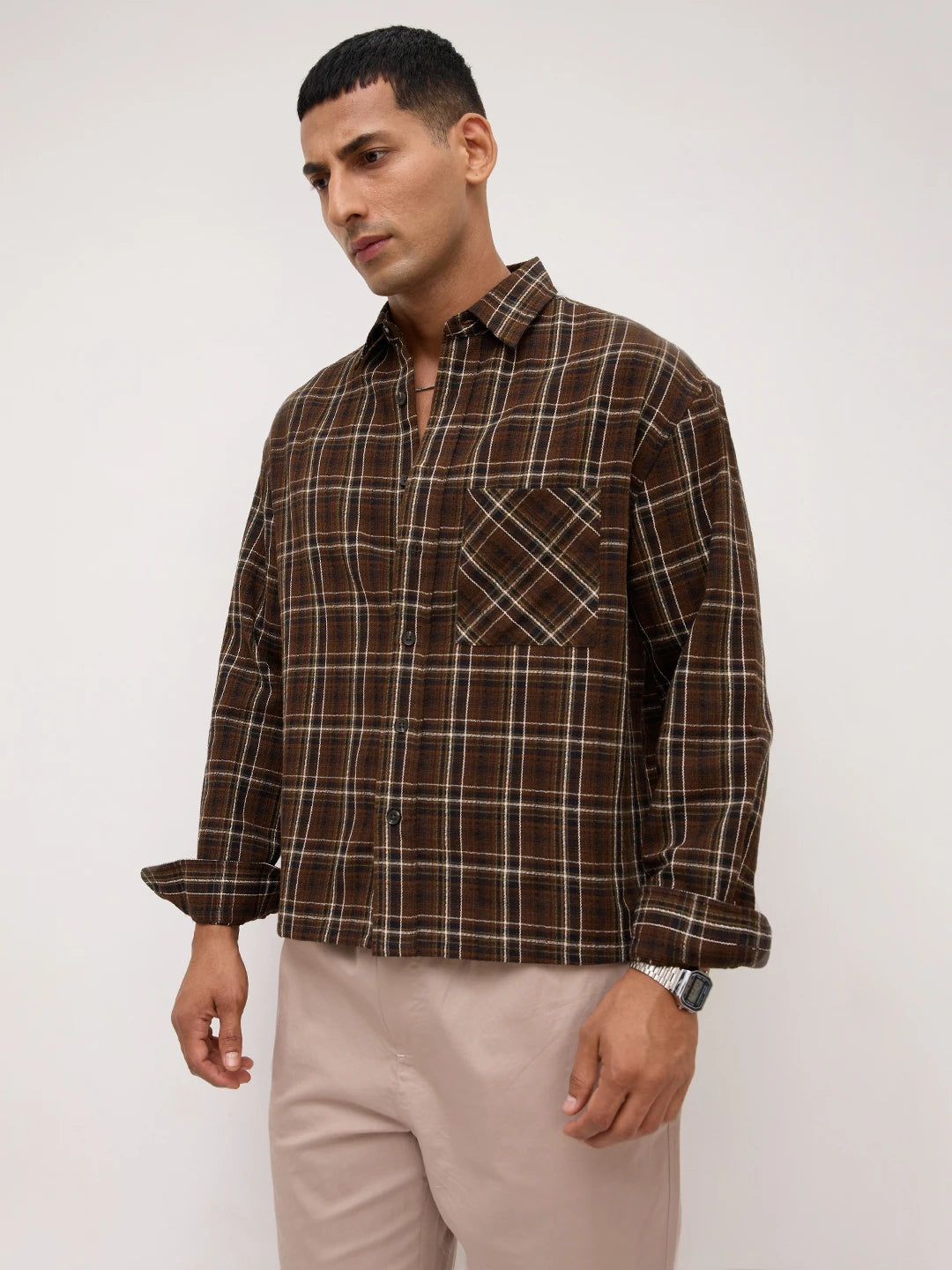 Rustic Brown Grid Framework Boxy Fit Crop Shirt