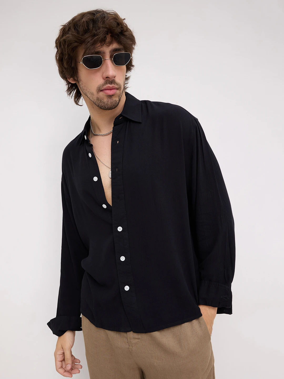 Iconic Black Crepe Textured Boxy Fit Shirt