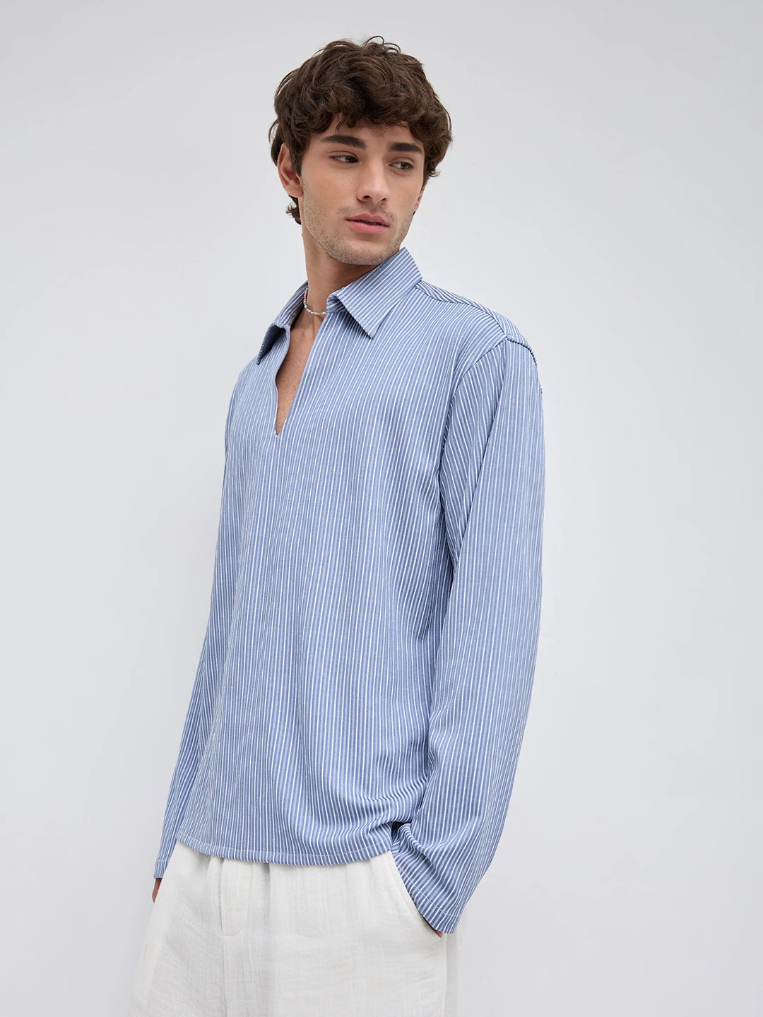 Classic Slate Blue Rib Striped Oversized Polo Shirt