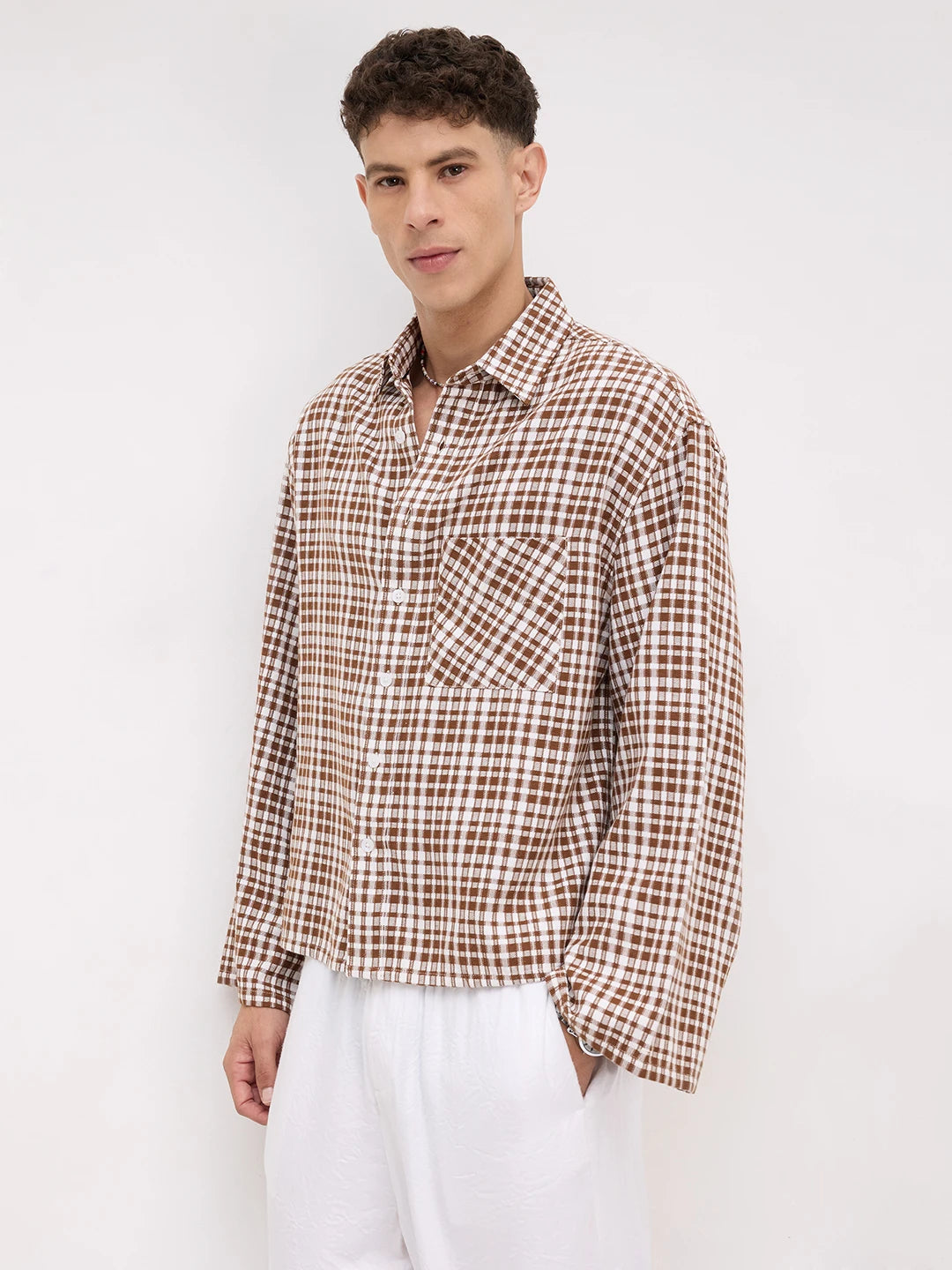 Rich Brown Crosshatch Checks Cuffless Oversized Crop Shirt