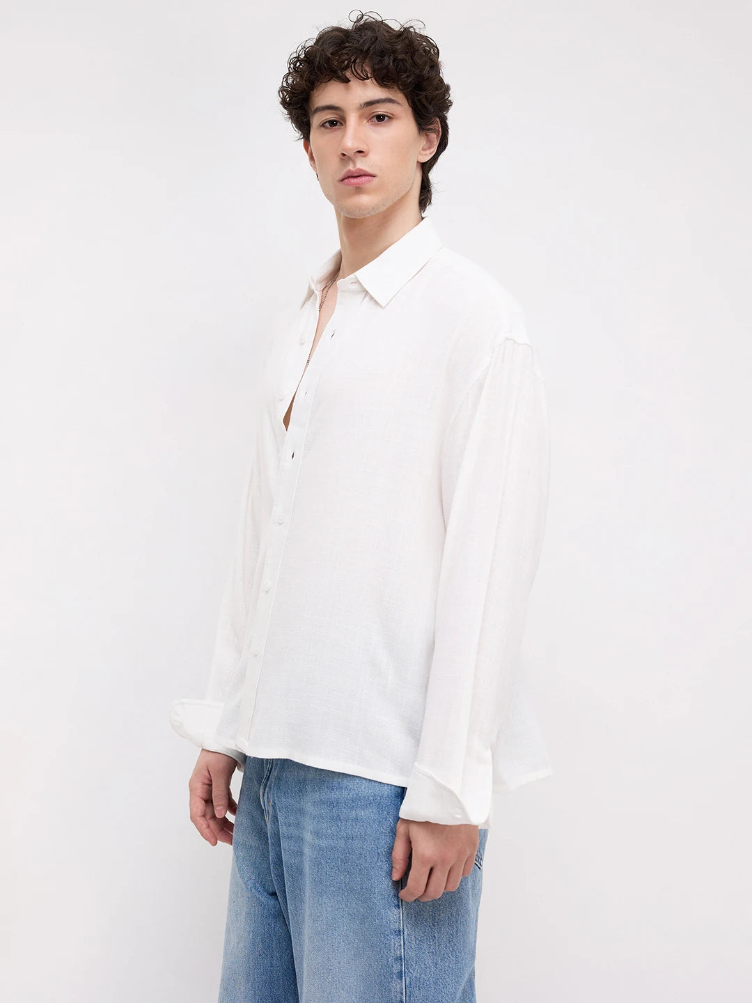 Pearl White Grid Textured Boxy Fit Crop Shirt