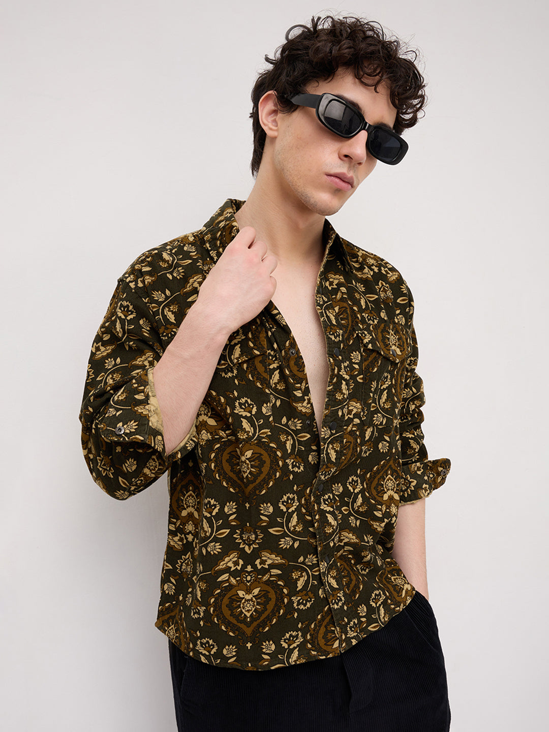 Olive Floral Paisley Printed Double Pocket Corduroy Shirt