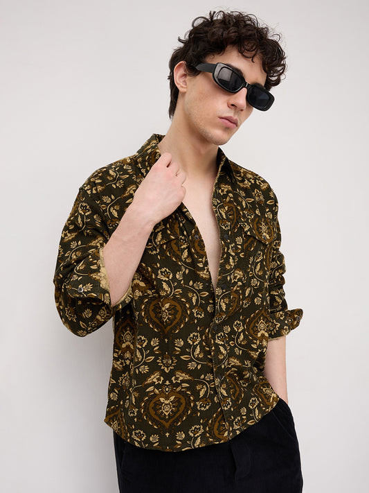 Olive Floral Paisley Printed Double Pocket Corduroy Shirt