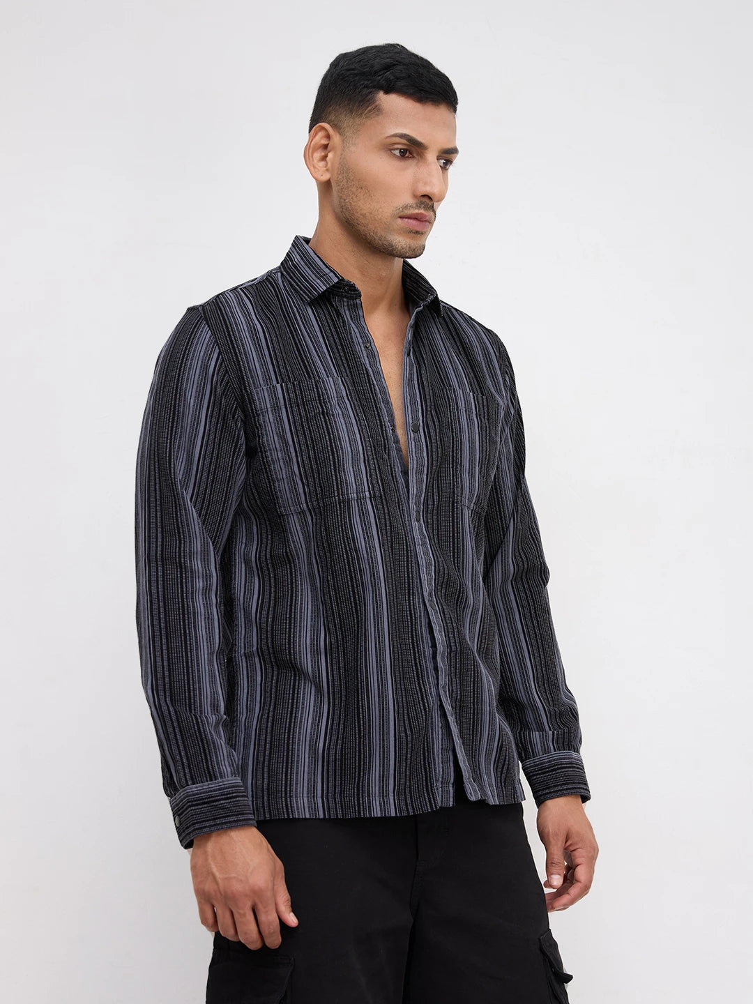 Graphite Striped Double Pocket Corduroy Shirt