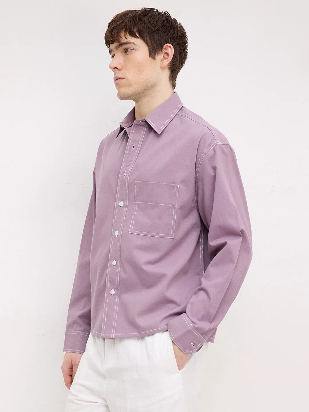 Rich French Lavender Contrast Stitch Boxy Fit Crop Cord Shirt