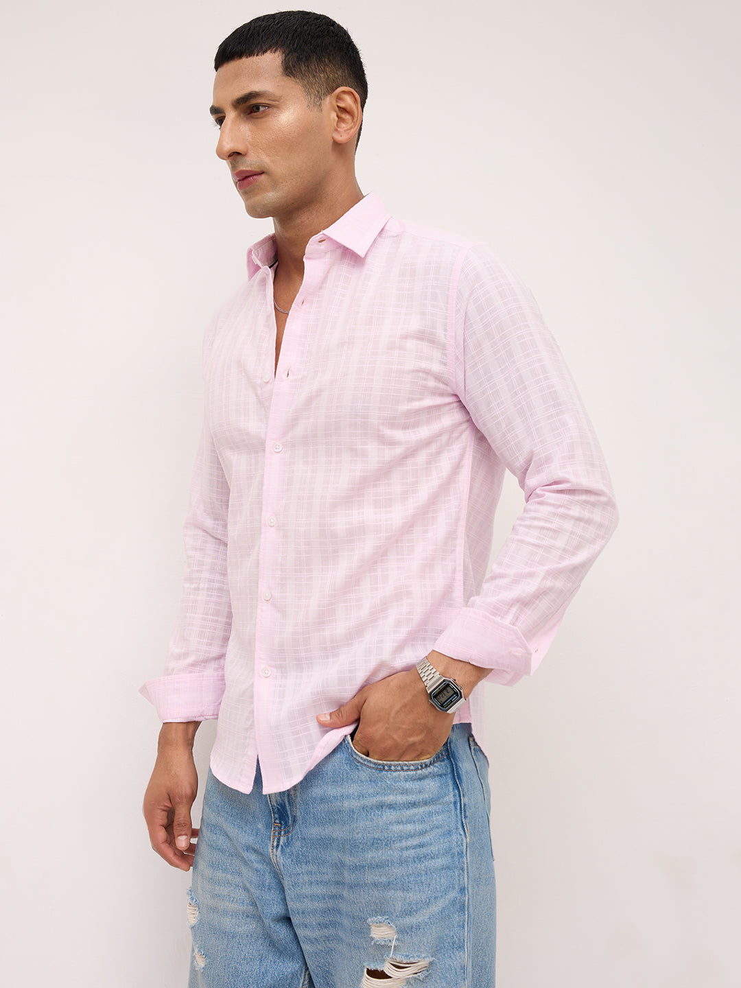 Soft Blush Pink Sheer Windowpane Checks Textured  Weave Shirt
