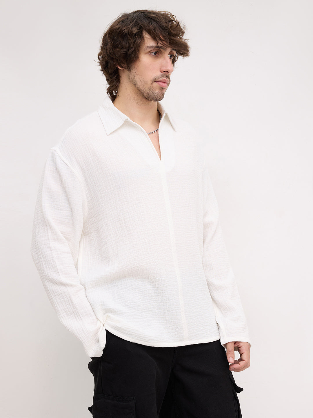 Snow White Double Cloth Center Seam Oversized Polo Shirt