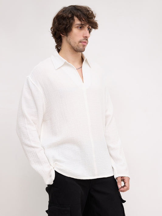 Snow White Double Cloth Center Seam Oversized Polo Shirt