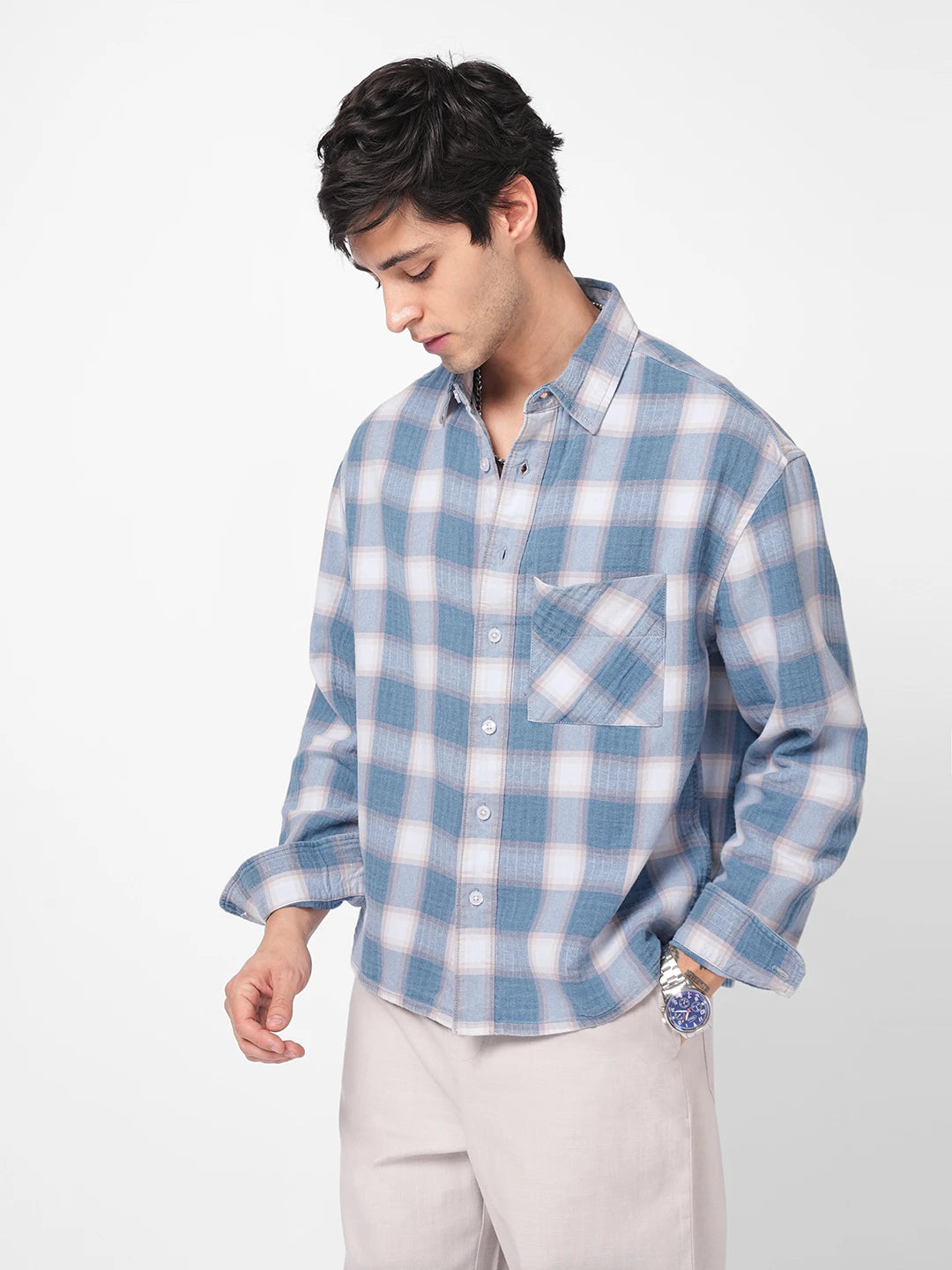 Denim Blue Block Checks Boxy Fit Crop Shirt