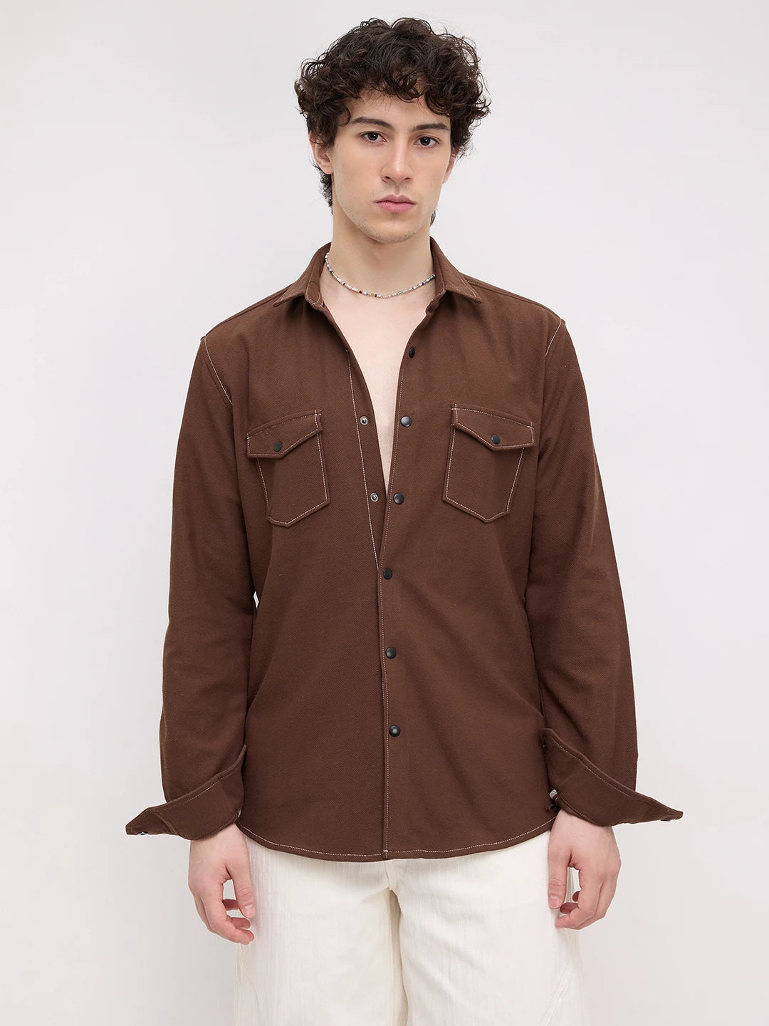 Hickory Brown Twin Pocket Knitted Overshirt