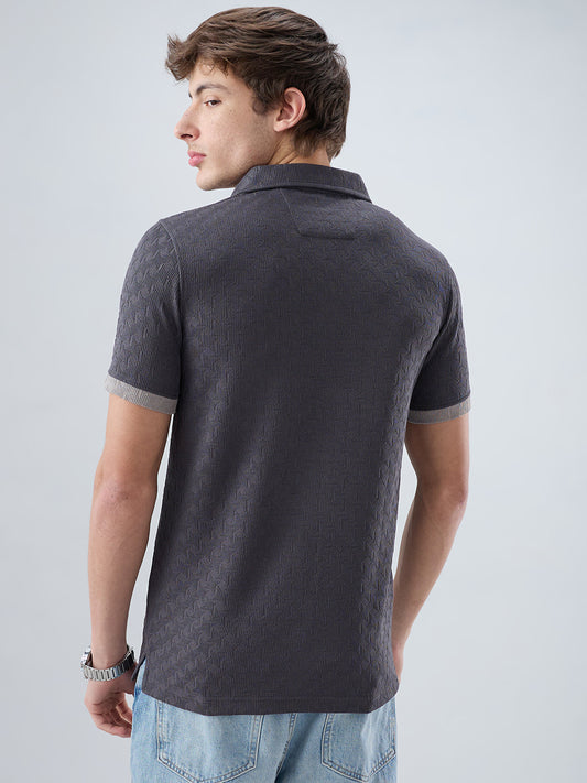 Charcoal Grey Textured Contrast Polo Neck Knit T-shirt