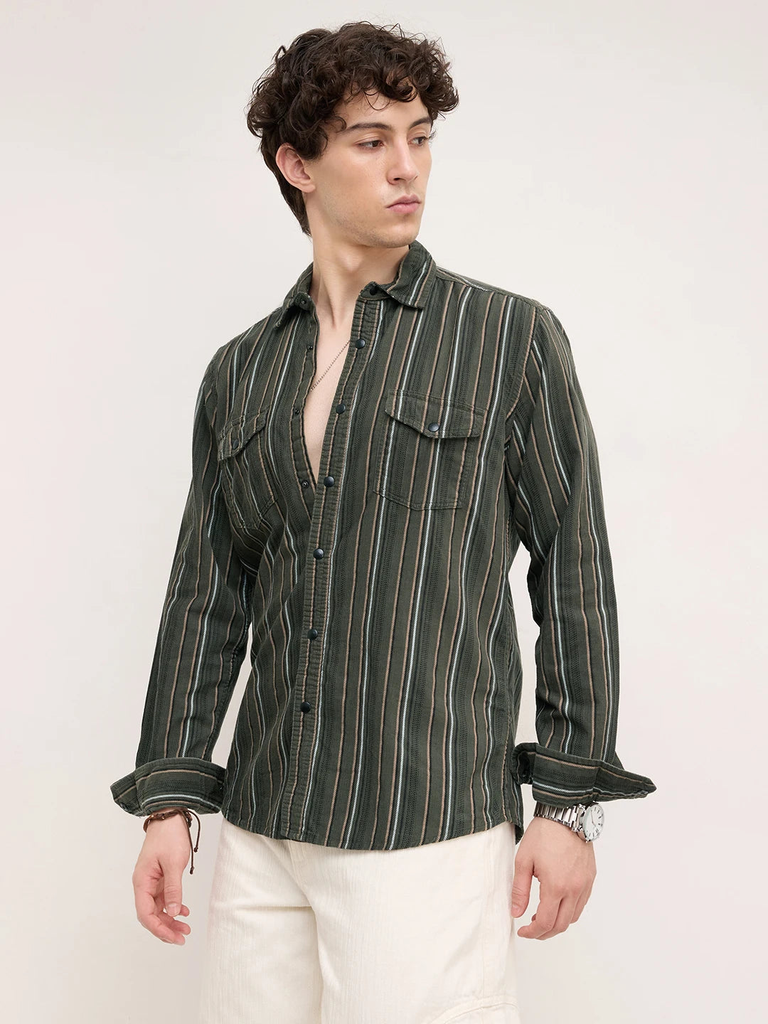 Forest Vibe Multi-Stripe Olive Twin Pocket Corduroy Shirt