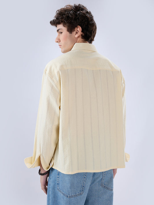 Lemon Yellow Seersucker Striped Boxy Fit Crop Shirt