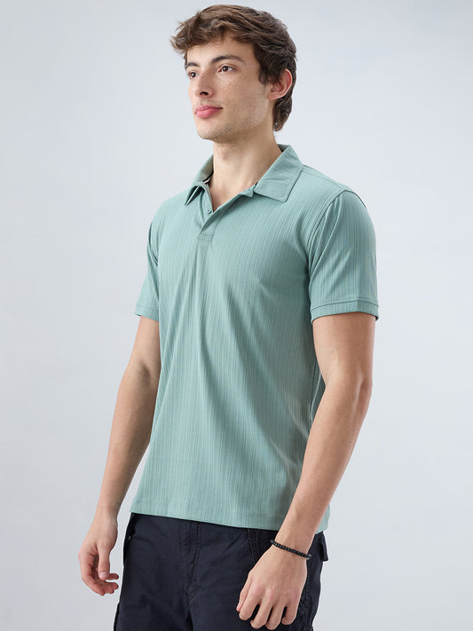 Refined Jungle Green Hairline Striped Polo Knit T-Shirt