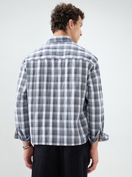 Monochrome Dual Scale Grid Weave Boxy Fit Crop Shirt