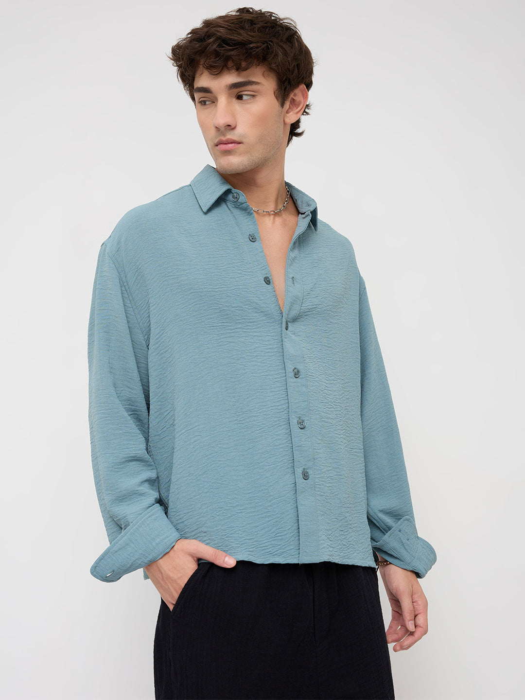 Plush AirForce Blue Lightweight Crinkled Boxy Fit Crop Shirt