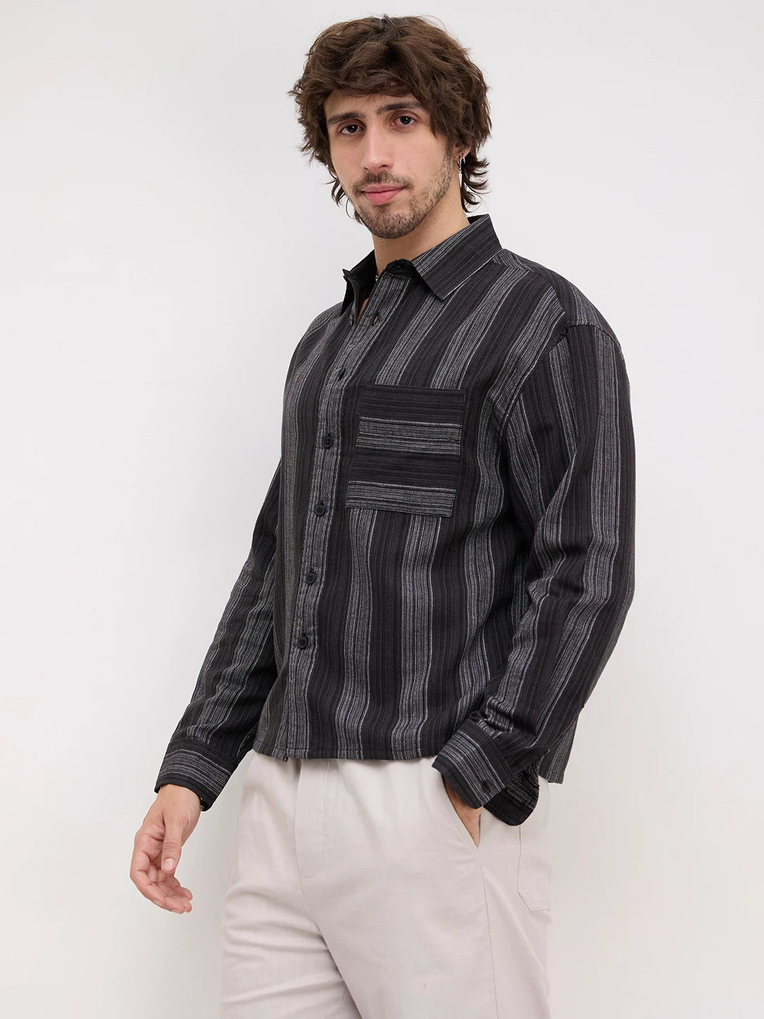 Black Metallic Microline Vertical Loom Boxy Fit Crop Shirt