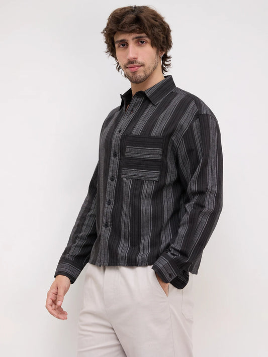 Black Metallic Microline Vertical Loom Boxy Fit Crop Shirt