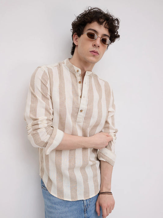 Beige & Ivory Striped Jacquard Kurta