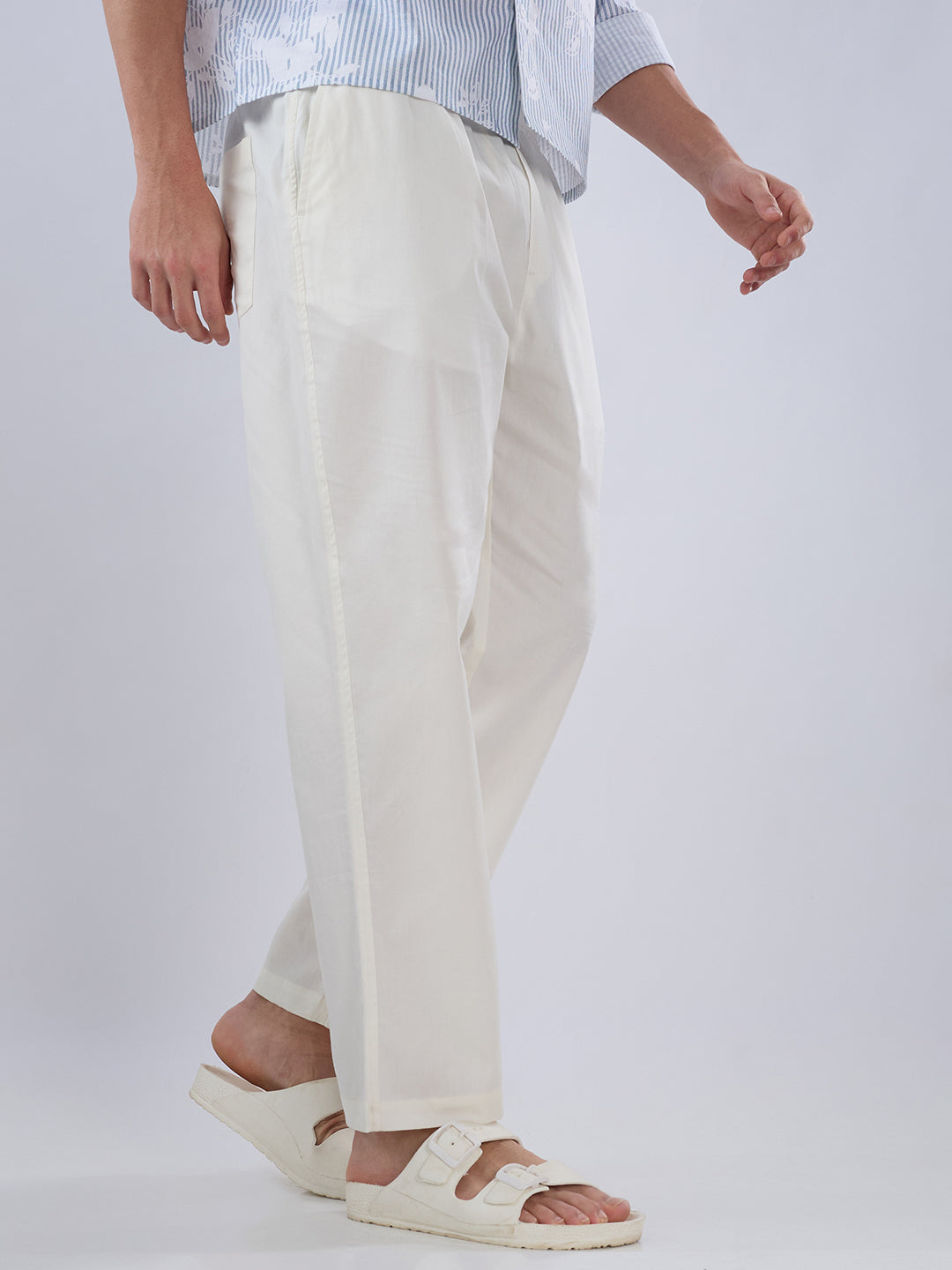 Solid Pastel Cream Tapered Trousers