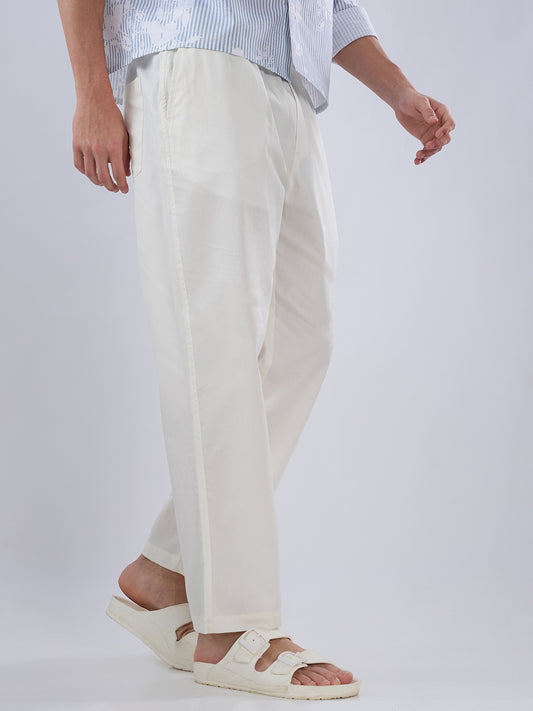 Solid Pastel Cream Tapered Trousers