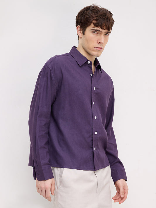 Matte Purple Fine Textured Boxy Fit Crop Shirt