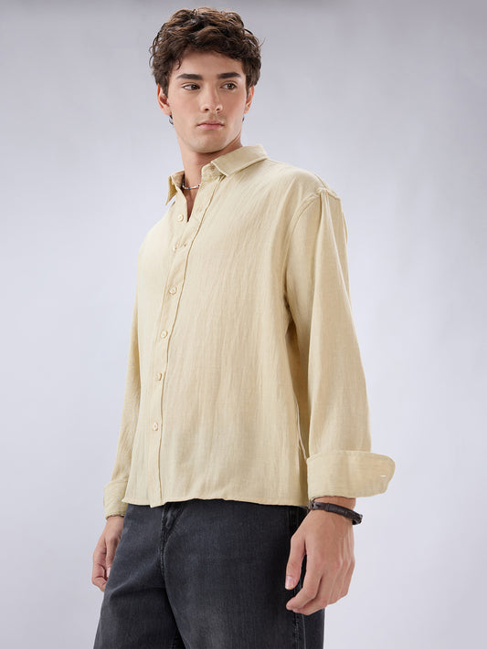 Sunwash Beige Slub Textured Boxy Fit Crop Shirt