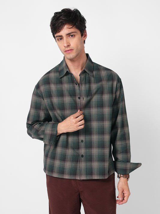 Heritage Forest Green Contrast Fine Checked Boxy Fit Crop Shirt