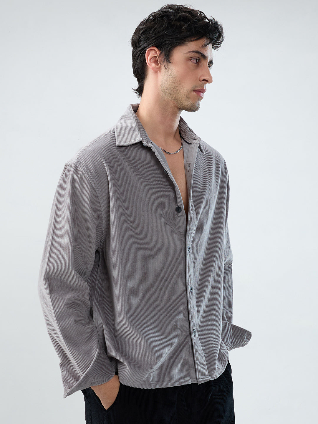 Cloud Grey Corduroy Boxy Fit Crop Shirt