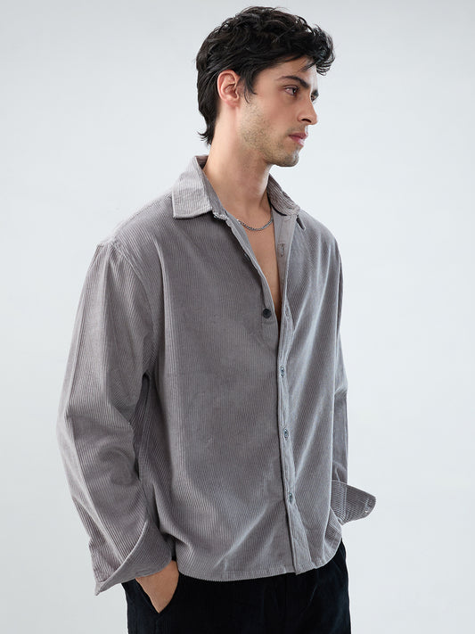 Cloud Grey Corduroy Boxy Fit Crop Shirt