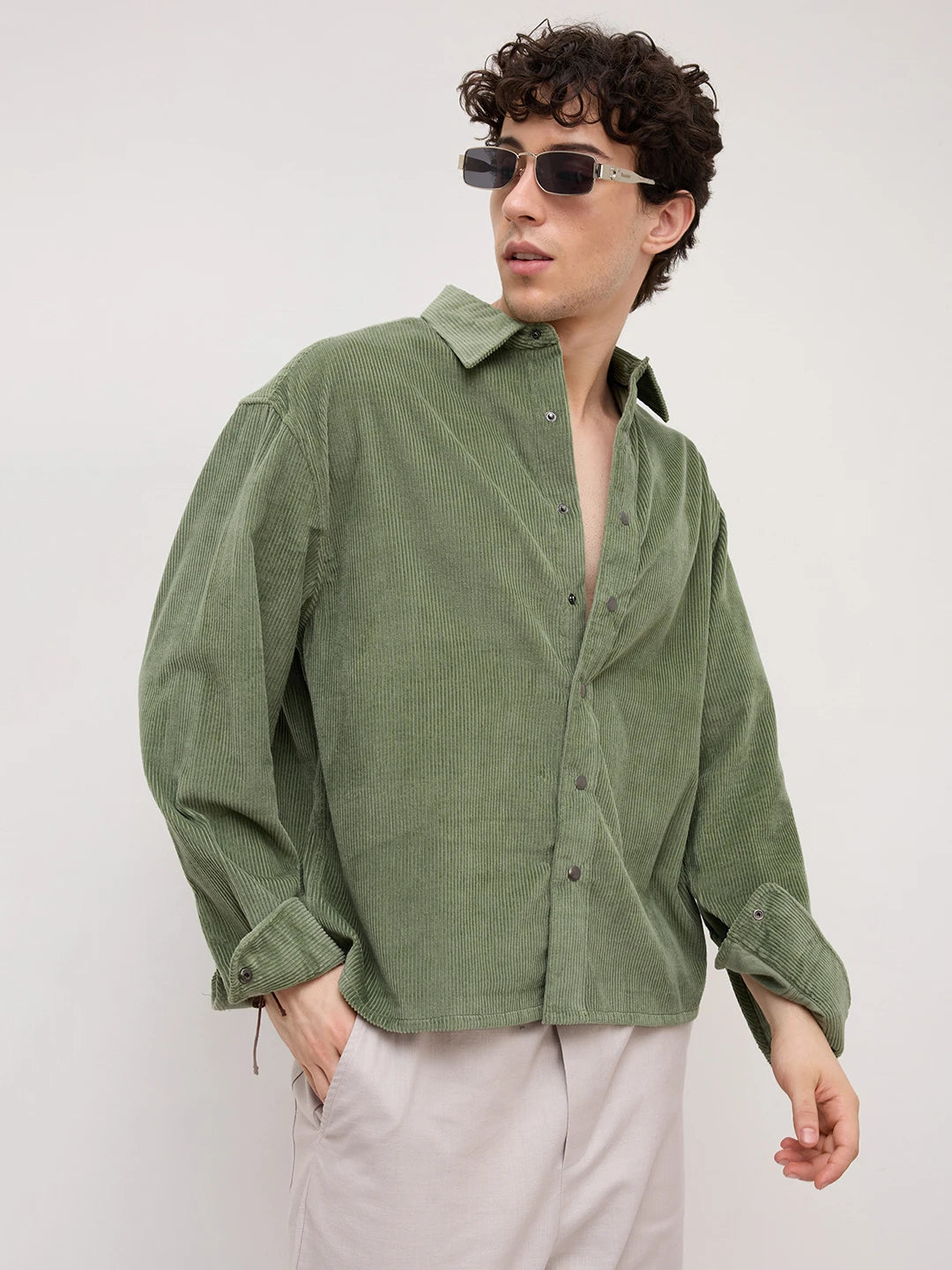 Green Mossline Structured Corduroy Boxy Fit Crop Shirt