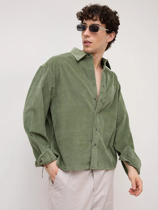 Green Mossline Structured Corduroy Boxy Fit Crop Shirt