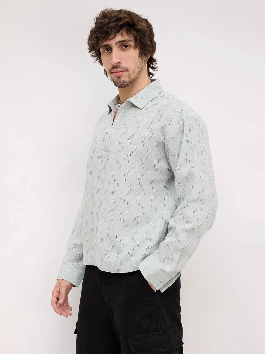 Tea Green Intricate Crossweave Jacquard Loop Button Oversized Shirt