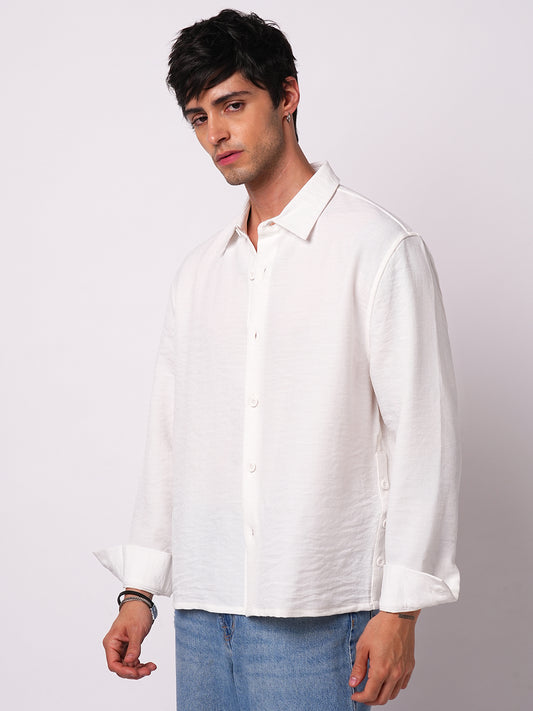 Snow White Crinkled Side-Slit Oversized Crop Shirt