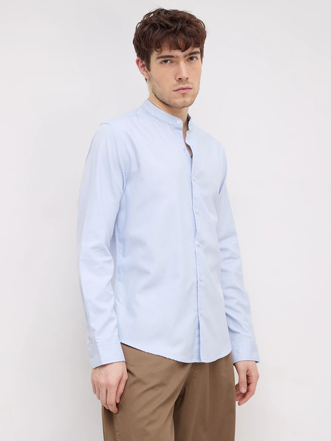 Pastel Blue Herringbone Textured Mandarin Shirt