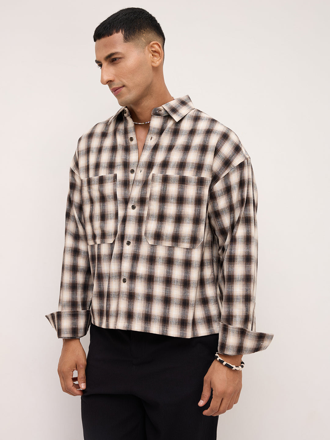 Beige & Black Tartan checks Double pocket Boxy Fit Crop Shirt