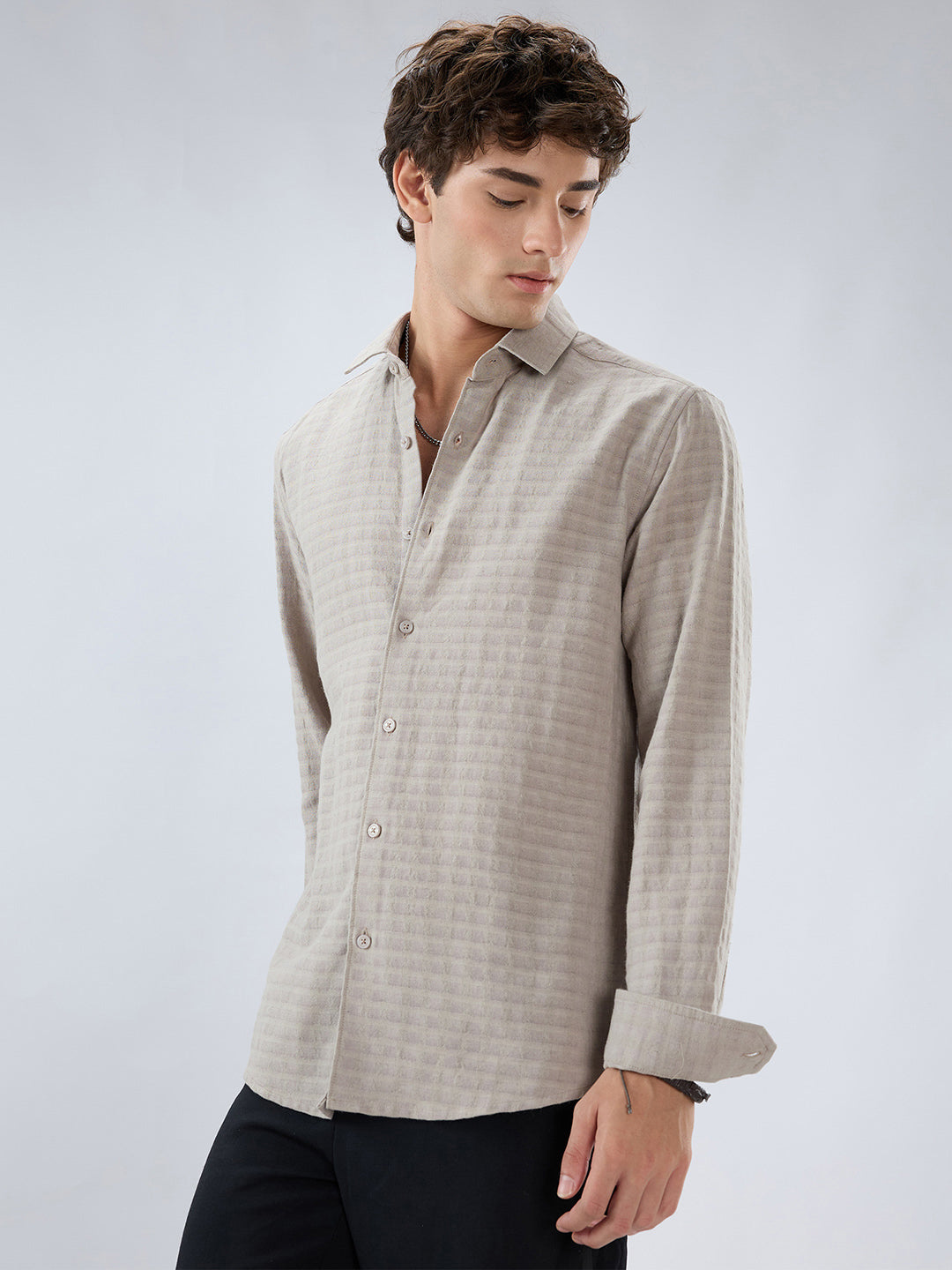 Grey Horizontal Striped Textured Shirt